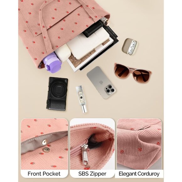 Women Strawberry Corduroy Polyester Lining Shoulder Bag with Zipper And Pockets - Picture 5 of 7